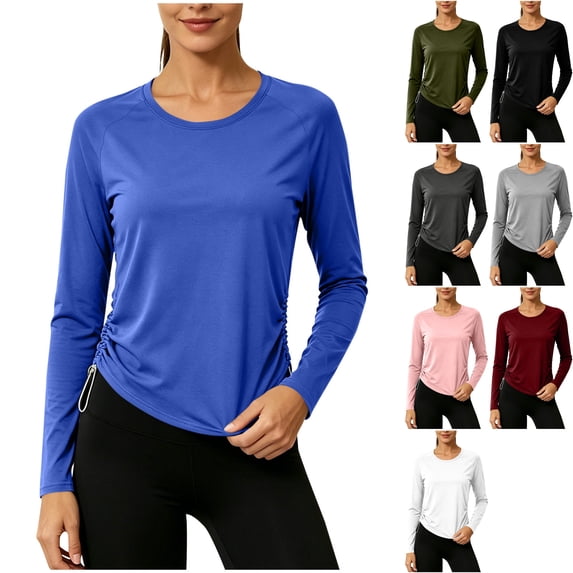 Womens Buttery Soft Raglan Long Sleeve Workout Tops Athletic Crewneck Ruched Side Drawstring Quick Dry Blouses Shirts for Running Yoga Pilates, Blue, S