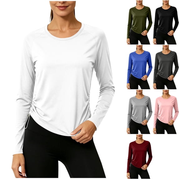 Womens Buttery Soft Raglan Long Sleeve Workout Tops Athletic Crewneck Ruched Side Drawstring Quick Dry Blouses Shirts for Running Yoga Pilates, White, XL