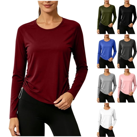 Womens Buttery Soft Raglan Long Sleeve Workout Tops Athletic Crewneck Ruched Side Drawstring Quick Dry Blouses Shirts for Running Yoga Pilates, Wine, XXL