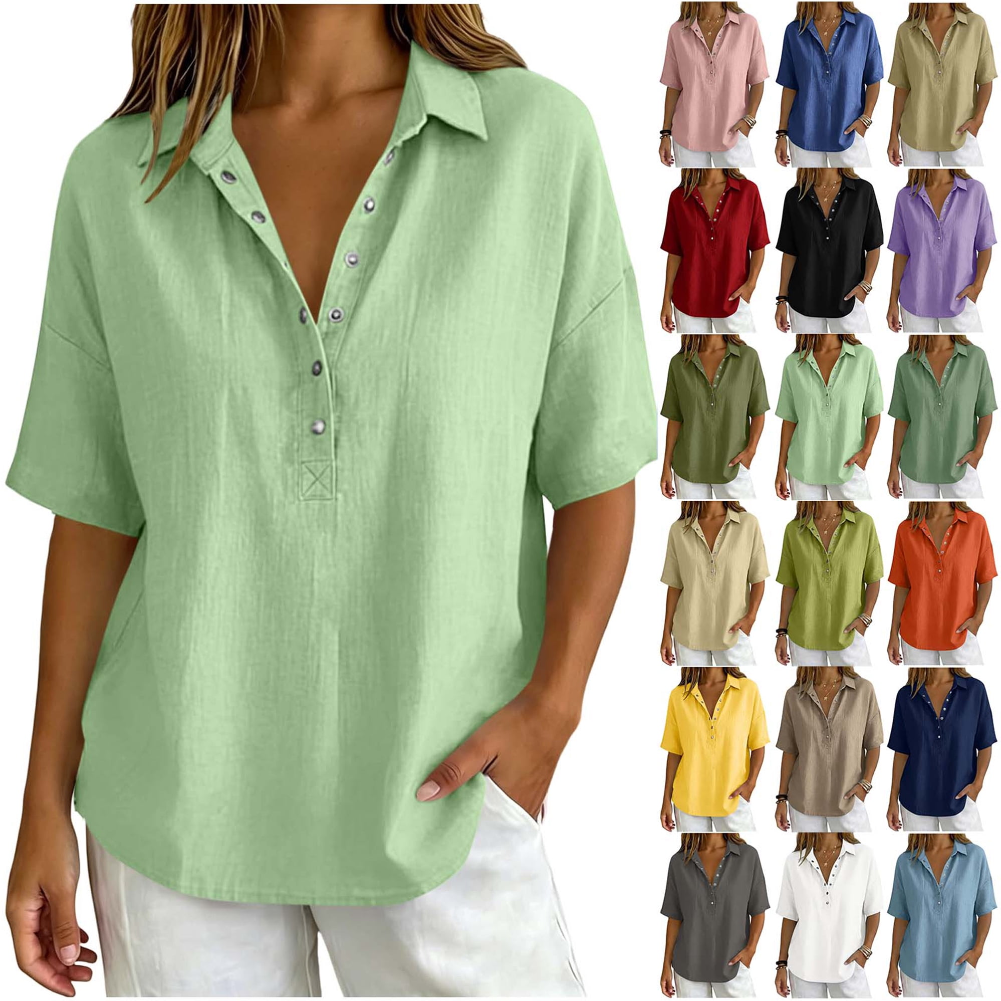 Womens Button And Snap Down Shirts Cotton Linen Dress Shirts Short ...