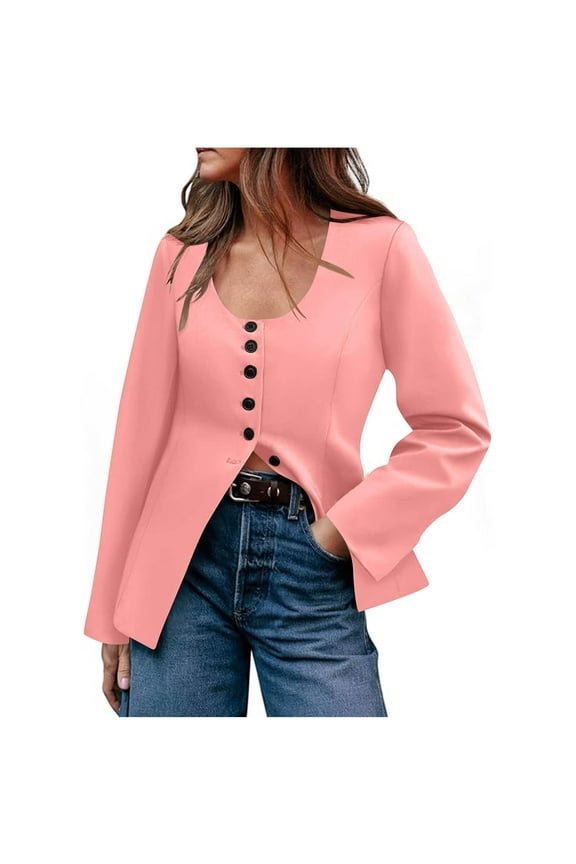 Womens Button Blazers Trendy Tunic Jackets U-Neck Solid Cardigans Coat without Pockets Fashion Long Sleeve Work Dressy 2025 Fall Office Suit