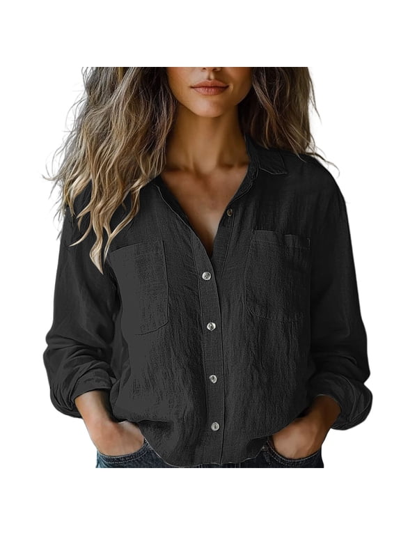 Womens Button up Cotton Linen Shirts for Women,gauze Shirts Soft Flowy Tops Collared Shirts Womens Fashion Modest Thin Shirts Chic Tops Cozy Tops Trendy Cute Loose Fit Tee Shirt,Black,S