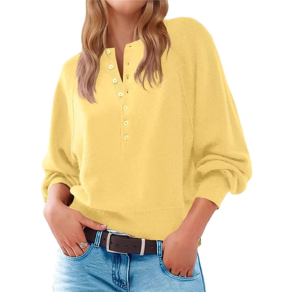 Womens Button Crew Neck Sweater Fall Long Sleeve Henley Shirts Trendy Loose Knit Pullover Tops Yellow S