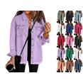 thumbnail image 1 of Womens Button Down Denim Jackets Women's Frayed Denim Shacket Button Down Long Sleeve Collared Oversized Jacket with Chest Pockets Casual Raw Hem Coat for Daily Commute Streetwear, 1 of 7