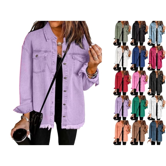 Womens Button Down Denim Jackets Women's Frayed Denim Shacket Button Down Long Sleeve Collared Oversized Jacket with Chest Pockets Casual Raw Hem Coat for Daily Commute Streetwear
