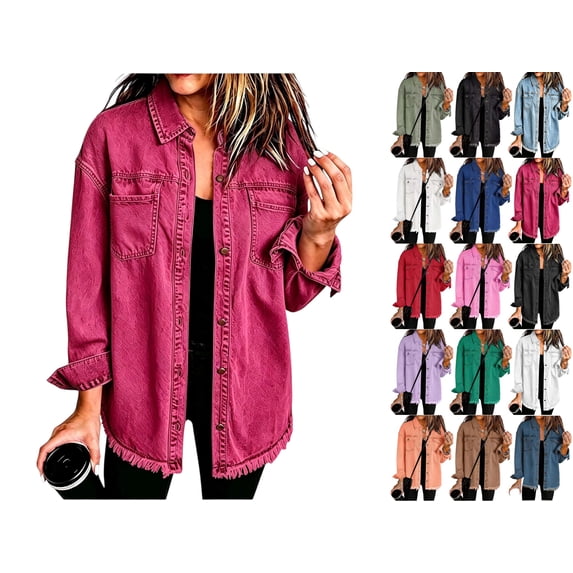 Womens Button Down Denim Jackets Women's Frayed Denim Shacket Button Down Long Sleeve Collared Oversized Jacket with Chest Pockets Casual Raw Hem Coat for Daily Commute Streetwear