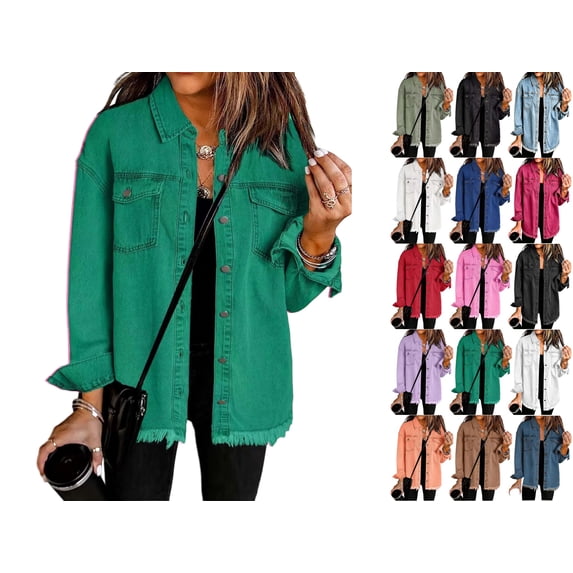 Womens Button Down Denim Jackets Women's Frayed Denim Shacket Button Down Long Sleeve Collared Oversized Jacket with Chest Pockets Casual Raw Hem Coat for Daily Commute Streetwear