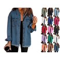 thumbnail image 1 of Womens Button Down Denim Jackets Women's Frayed Denim Shacket Button Down Long Sleeve Collared Oversized Jacket with Chest Pockets Casual Raw Hem Coat for Daily Commute Streetwear, 1 of 7