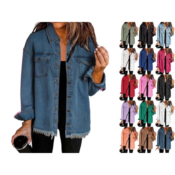 Womens Button Down Denim Jackets Women's Frayed Denim Shacket Button Down Long Sleeve Collared Oversized Jacket with Chest Pockets Casual Raw Hem Coat for Daily Commute Streetwear