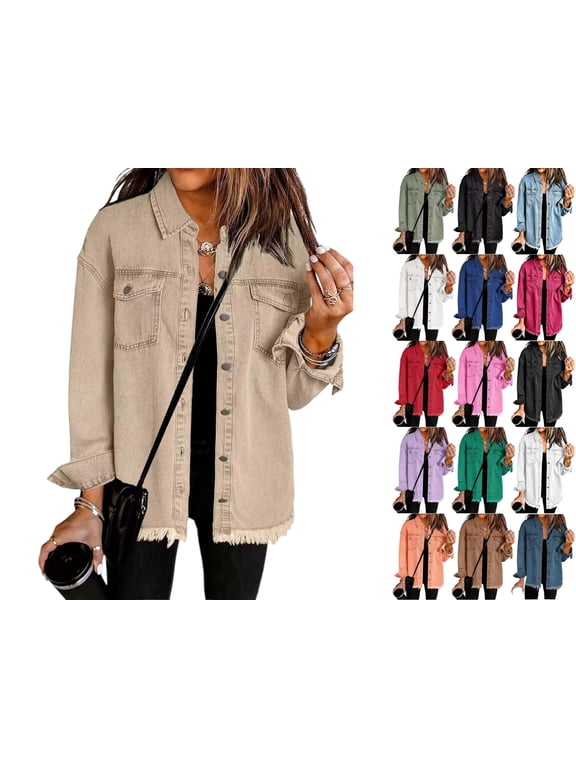 Womens Button Down Denim Jackets Women's Frayed Denim Shacket Button Down Long Sleeve Collared Oversized Jacket with Chest Pockets Casual Raw Hem Coat for Daily Commute Streetwear
