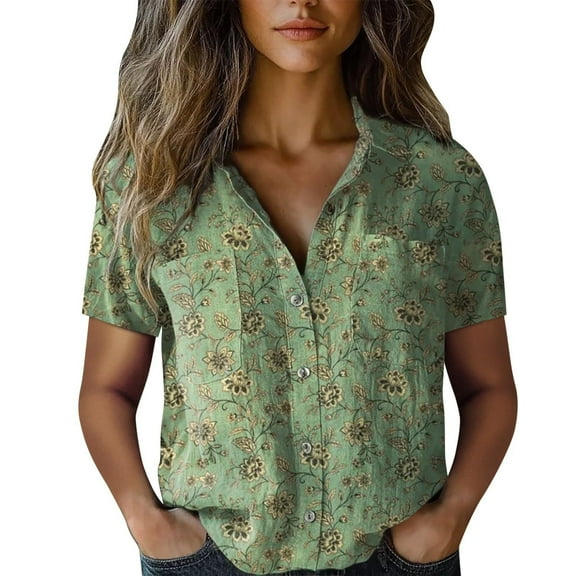 Womens Button Down Blouse Dressy Casual Floral Print Short Sleeved Lapel Collar Tunic Tops Stretch Comfy Loose Fit Shirts with Pockets