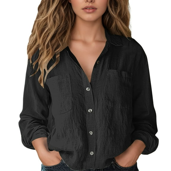 Womens Button Down Blouse Dressy Casual Solid Color Long Sleeved Lapel Collar Tunic Tops Trendy Relaxed Fit Work Shirts with Pockets