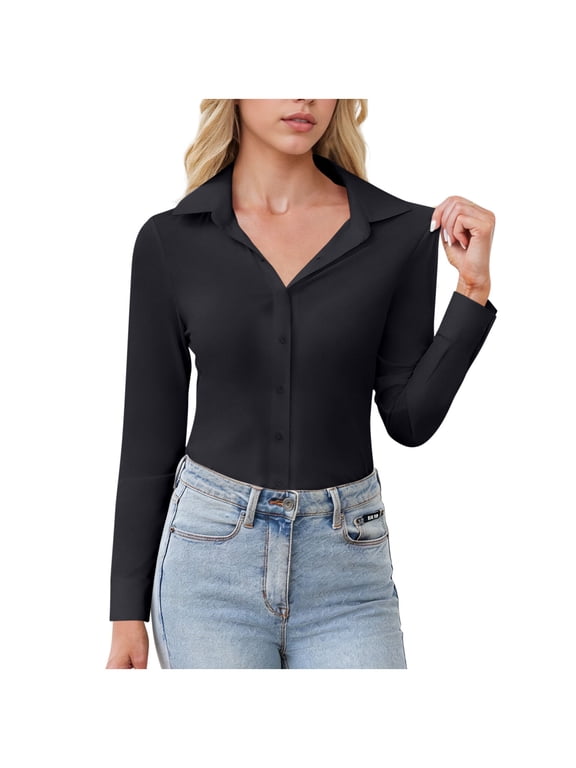 Womens Button Down Blouse Fitted Stretch Long Sleeve Notch Collar Office Work Dress Shirts Business Casual Top (S, Black)