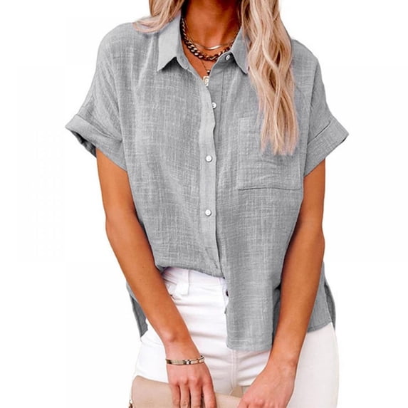 Womens Button Down Blouse Shirts Short Sleeve V Neck Casual Loose Collared Tops with Pockets