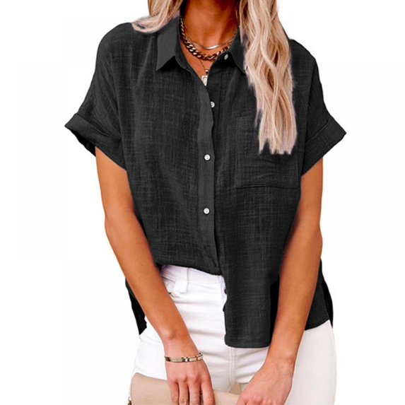 Womens Button Down Blouse Shirts Short Sleeve V Neck Casual Loose Collared Tops with Pockets