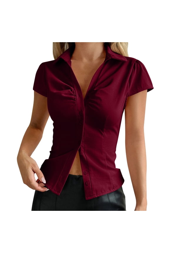 Womens Button Down Blouse Short Sleeve V Neck Collared Cropped Shirt Tops Slim Fit Coquette Going Out Tops Red