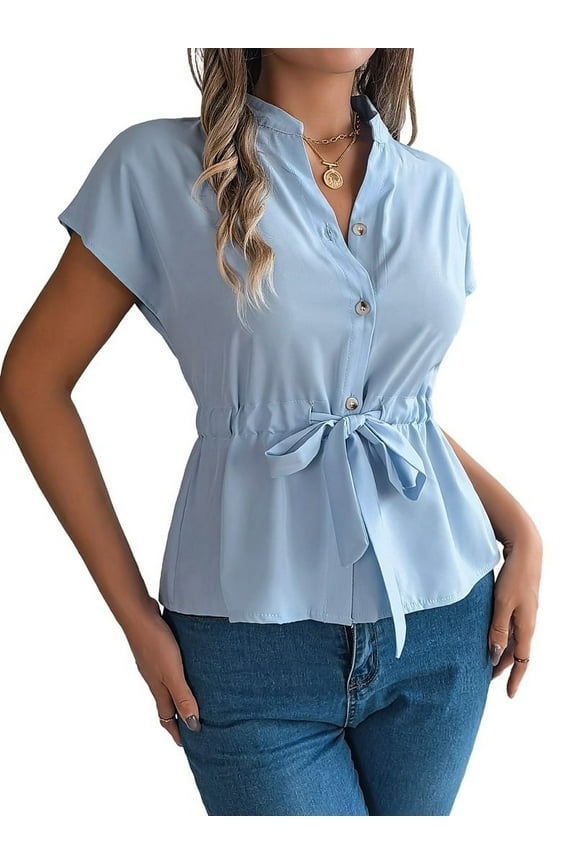 Womens Button Down Blouses Casual Summer Tops Dressy Chiffon Work Shirts Light Blue M