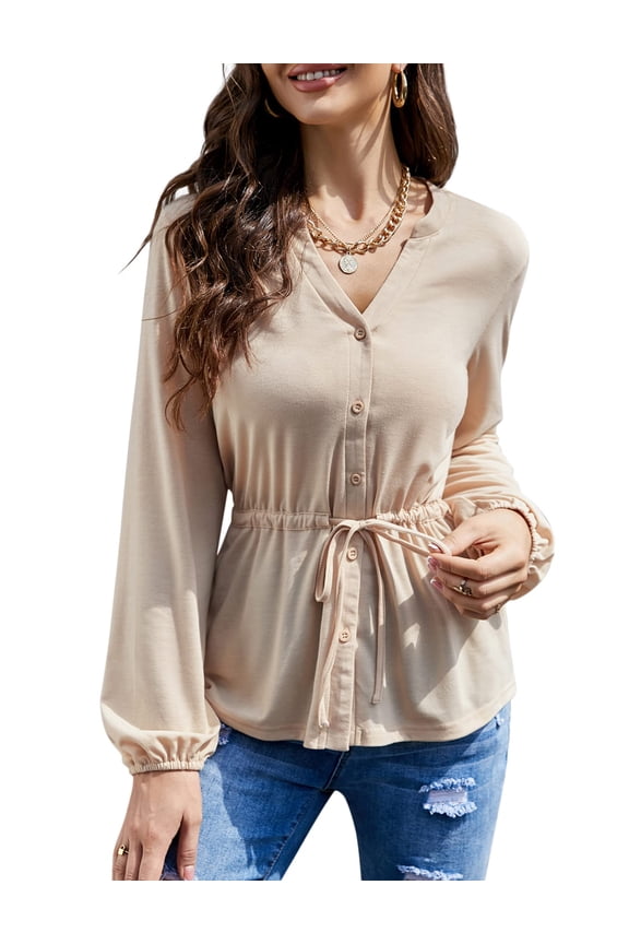 Womens Button Down Blouses Peplum Fall Tops Tunic Shirts Casual V Neck Long Sleeve Henley Shirts Dressy Work Blouse