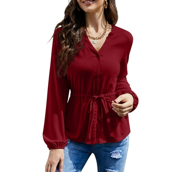 Womens Button Down Blouses Peplum Fall Tops Tunic Shirts Casual V Neck Long Sleeve Henley Shirts Dressy Work Blouse