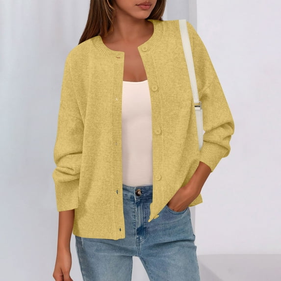 Womens Button Down Cardigan Knit Solid Color Long Sleeve Coat Sweater Cardigan Yellow Free Size