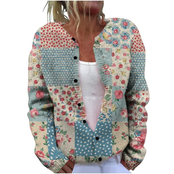 Womens Button Down Cardigan Long Sleeve Floral Print Sweater Jackets Fall Casual Crew Neck Loose Open Front Top (Light Blue L)