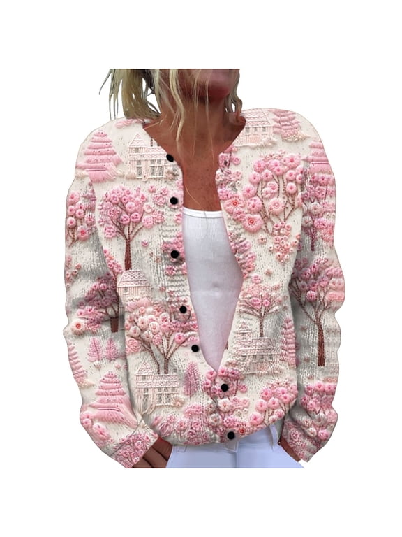 Womens Button Down Cardigan Long Sleeve Floral Print Sweater Jackets Fall Casual Crew Neck Loose Open Front Top (Pink 3XL)