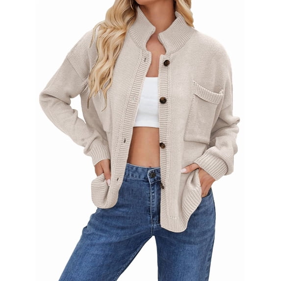 Womens Button Down Cardigan Open Front Stand Collared Fall Fashion 2025 V Neck Outerwear Sweater Jacket L