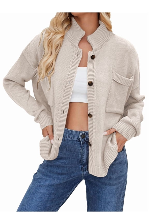 Womens Button Down Cardigan Open Front Stand Collared Fall Fashion 2025 V Neck Outerwear Sweater Jacket L