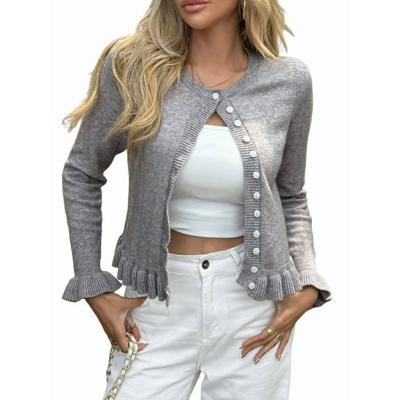 Womens Button Down Cardigan Sweaters Light-Weight Long Sleeve Crew Neck Summer Knit Open Front Tops Grey S
