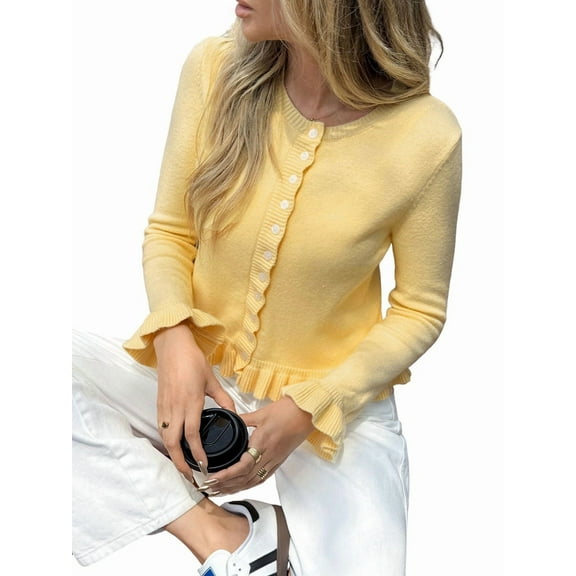 Womens Button Down Cardigan Sweaters Light-Weight Long Sleeve Crew Neck Summer Knit Open Front Tops Yellow S