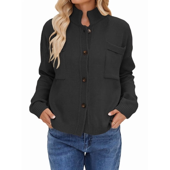 Womens Button Down Cardigan Sweaters Open Front Stand Collared Fall Fashion 2025 V Neck Outerwear Sweater Jacket Black S