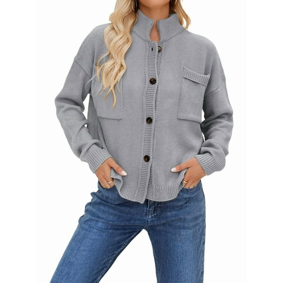 Womens Button Down Cardigan Sweaters Open Front Stand Collared Fall Fashion 2025 V Neck Outerwear Sweater Jacket Grey L