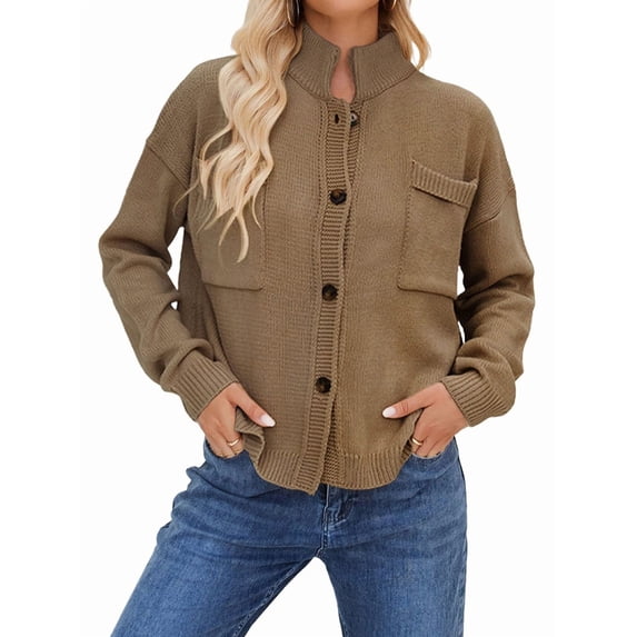 Womens Button Down Cardigan Sweaters Open Front Stand Collared Fall Fashion 2025 V Neck Outerwear Sweater Jacket Khaki S