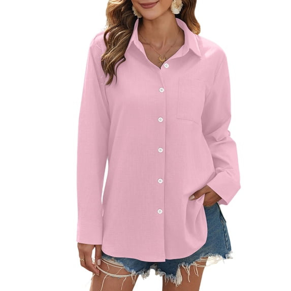 Womens Button Down Casual Loose Fit Shirt Blouse Long Sleeve Top Comfortable Office Wear Chic Pink XL