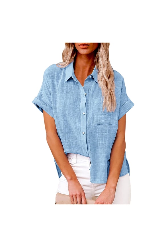 Womens Button Down Cotton Linen Shirts V Neck Roll Up Short Sleeve Blouses Loose Collared Shirt Casual Work Tops
