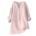 thumbnail image 1 of Womens Button Down Cotton Linen Shirts V Neck Roll Up Short Sleeve Blouses Loose Collared Shirt Casual Work Tops, 1 of 6