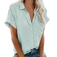 thumbnail image 1 of Womens Button Down Cotton Linen Shirts V Neck Roll Up Short Sleeve Blouses Loose Collared Shirt Summer Casual Tops, 1 of 3