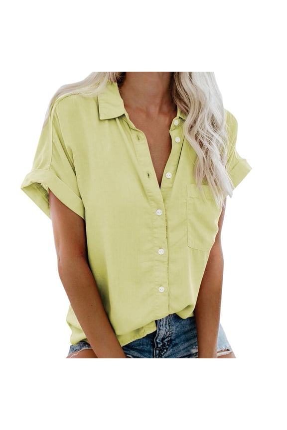 Womens Button Down Cotton Linen Shirts V Neck Roll Up Short Sleeve Blouses Loose Collared Shirt Summer Casual Tops