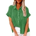 thumbnail image 1 of Womens Button Down Cotton Linen Shirts V Neck Roll Up Short Sleeve Blouses Loose Collared Shirt Summer Casual Tops, 1 of 6