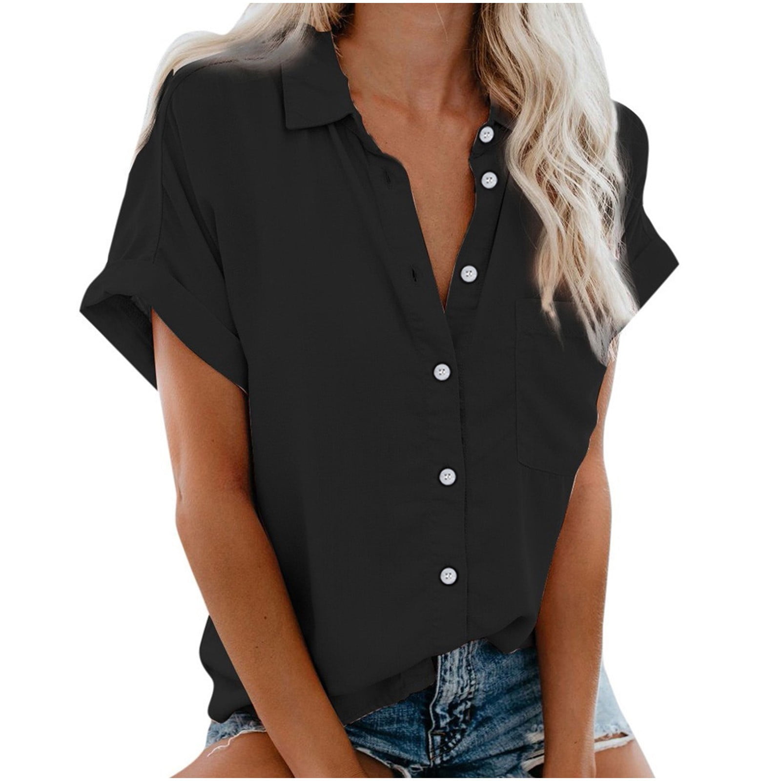 Womens Button Down Cotton Linen Shirts V Neck Roll Up Short Sleeve ...
