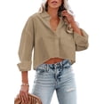 thumbnail image 1 of Womens Button Down Cropped Shirts Long Sleeve Casual Crop Tops Solid Lapel Blouse Shirt with Chest Pocket, 1 of 10