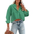 thumbnail image 1 of Womens Button Down Cropped Shirts Long Sleeve Casual Crop Tops Solid Lapel Blouse Shirt with Chest Pocket, 1 of 10
