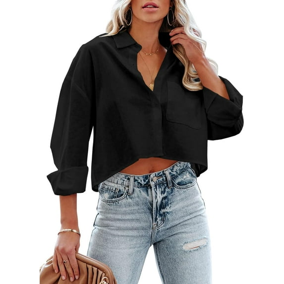 Womens Button Down Cropped Shirts Long Sleeve Casual Crop Tops Solid Lapel Blouse Shirt with Chest Pocket