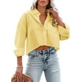 thumbnail image 1 of Womens Button Down Cropped Shirts Long Sleeve Casual Crop Tops Solid Lapel Blouse Shirt with Chest Pocket, 1 of 10