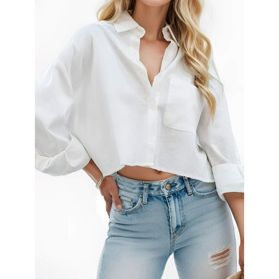 Womens Button Down Cropped Shirts Long Sleeve Lapel Blouse with Chest Pocket