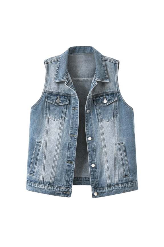 Womens Button Down Denim Jackets Sleeveless Collared Jean Vest Western Waistcoat with Pocket Dark Blue, 2XL