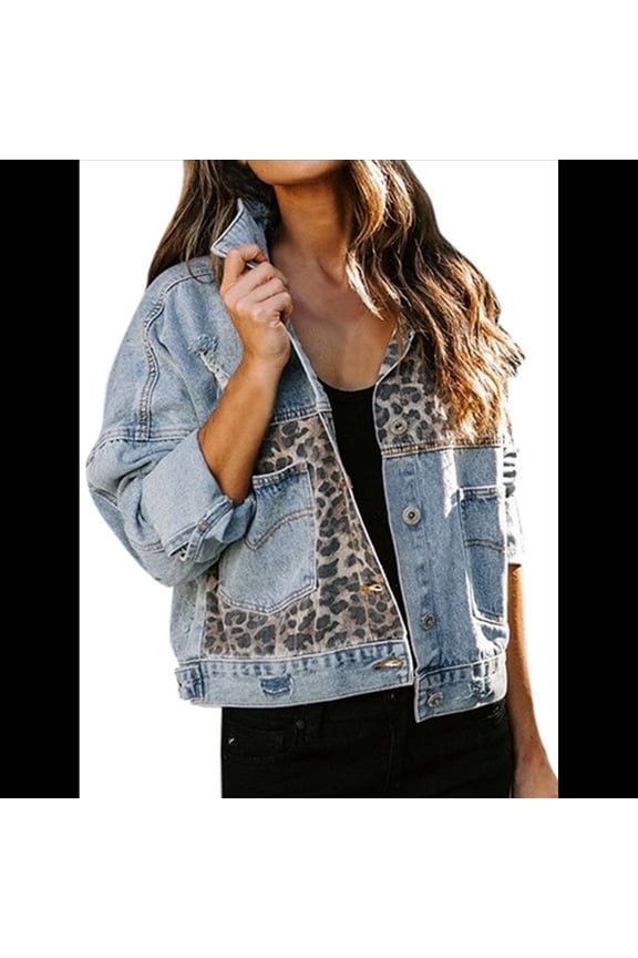 Womens Button Down Distressed Leopard Denim Jean Jacket Washed Long Sleeve Ripped Cheetah Coat Blue XL
