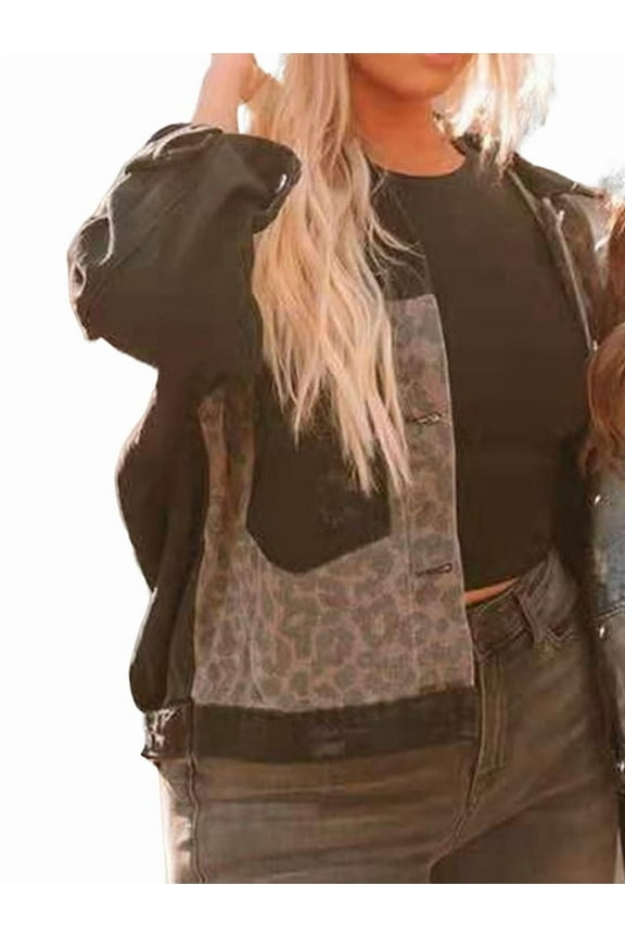 Womens Button Down Distressed Leopard Denim Jean Jacket Washed Long Sleeve Ripped Cheetah Jean Coat Black L