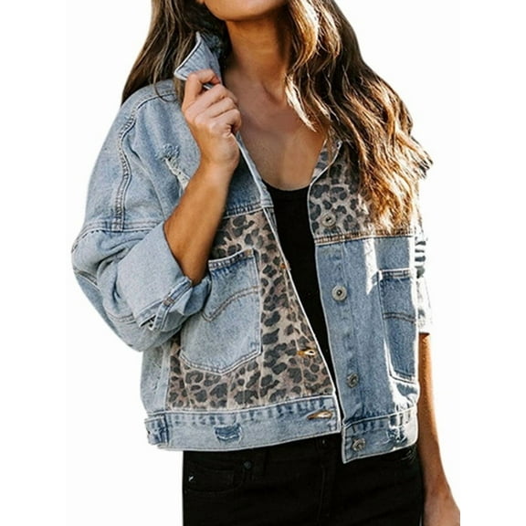 Womens Button Down Distressed Leopard Denim Jean Jacket Washed Long Sleeve Ripped Cheetah Jean Coat Blue L