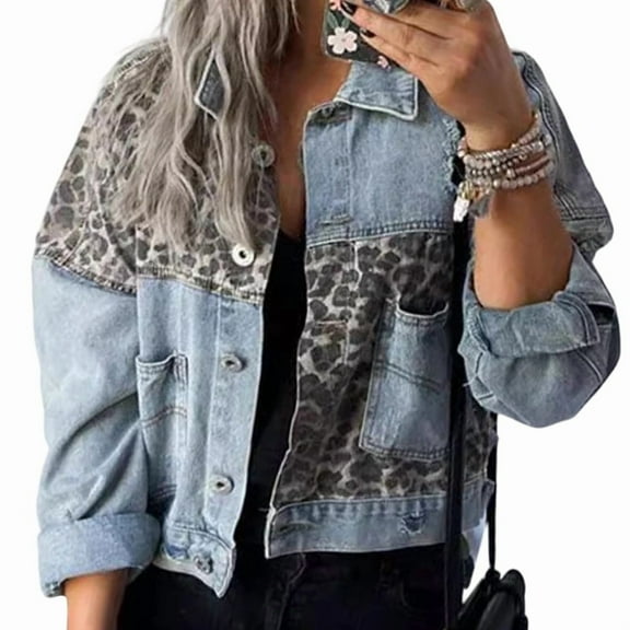 Womens Button Down Distressed Leopard Denim Jean Jacket Washed Long Sleeve Ripped Cheetah Jean Coat Light Blue S